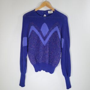 Vintage MIKE KORWIN Royal Blue Knit Sweater Size 16 Fuzzy Nubby 80s